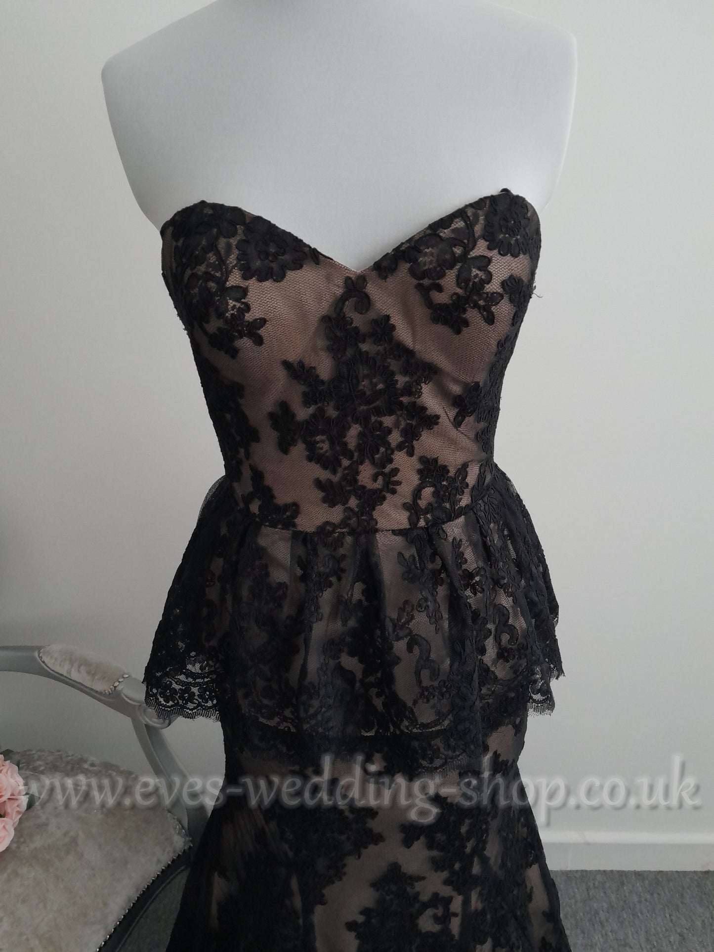 VM black/ champagne peplum lace wedding / prom dress UK 6