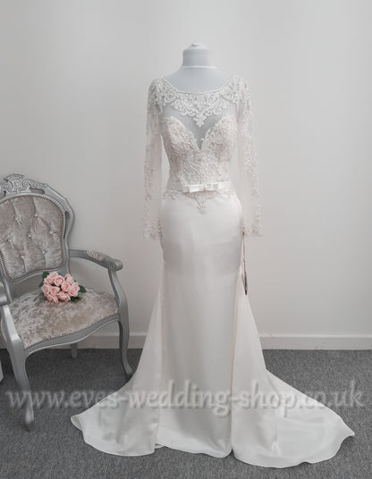 Demetrios ivory satin wedding dress with sleeves UK 8