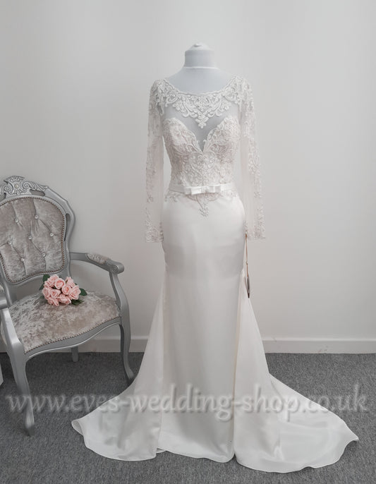 Demetrios ivory satin wedding dress with sleeves UK 8