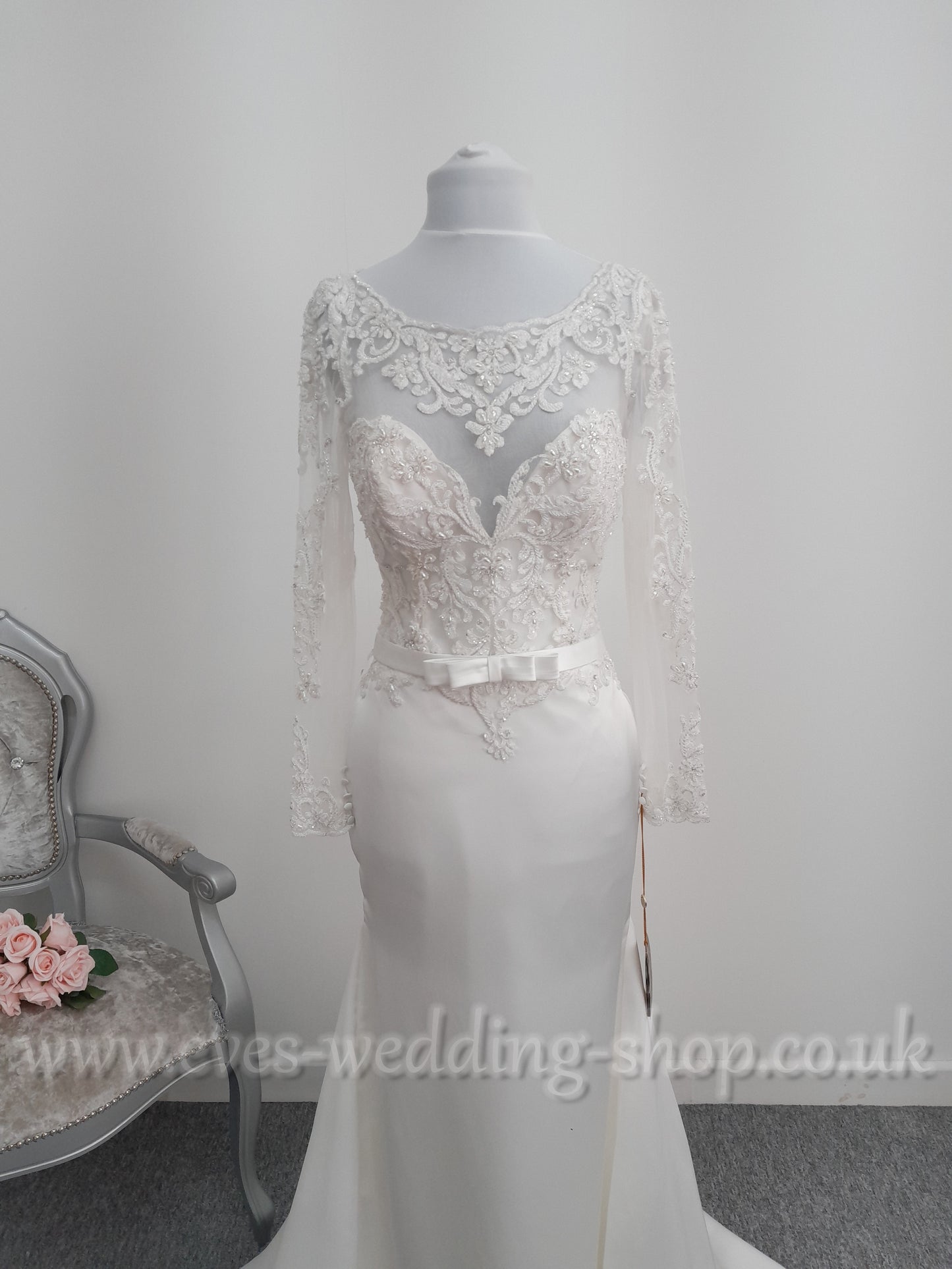 Demetrios ivory satin wedding dress with sleeves UK 8
