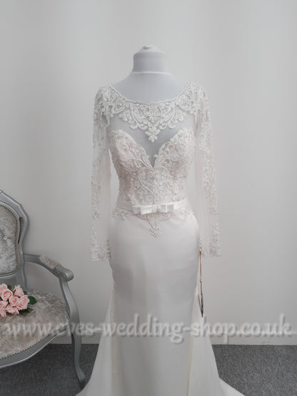Demetrios ivory satin wedding dress with sleeves UK 8