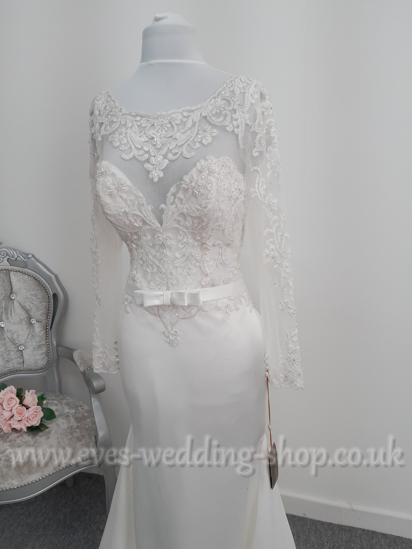 Demetrios ivory satin wedding dress with sleeves UK 8