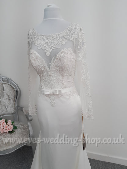 Demetrios ivory satin wedding dress with sleeves UK 8