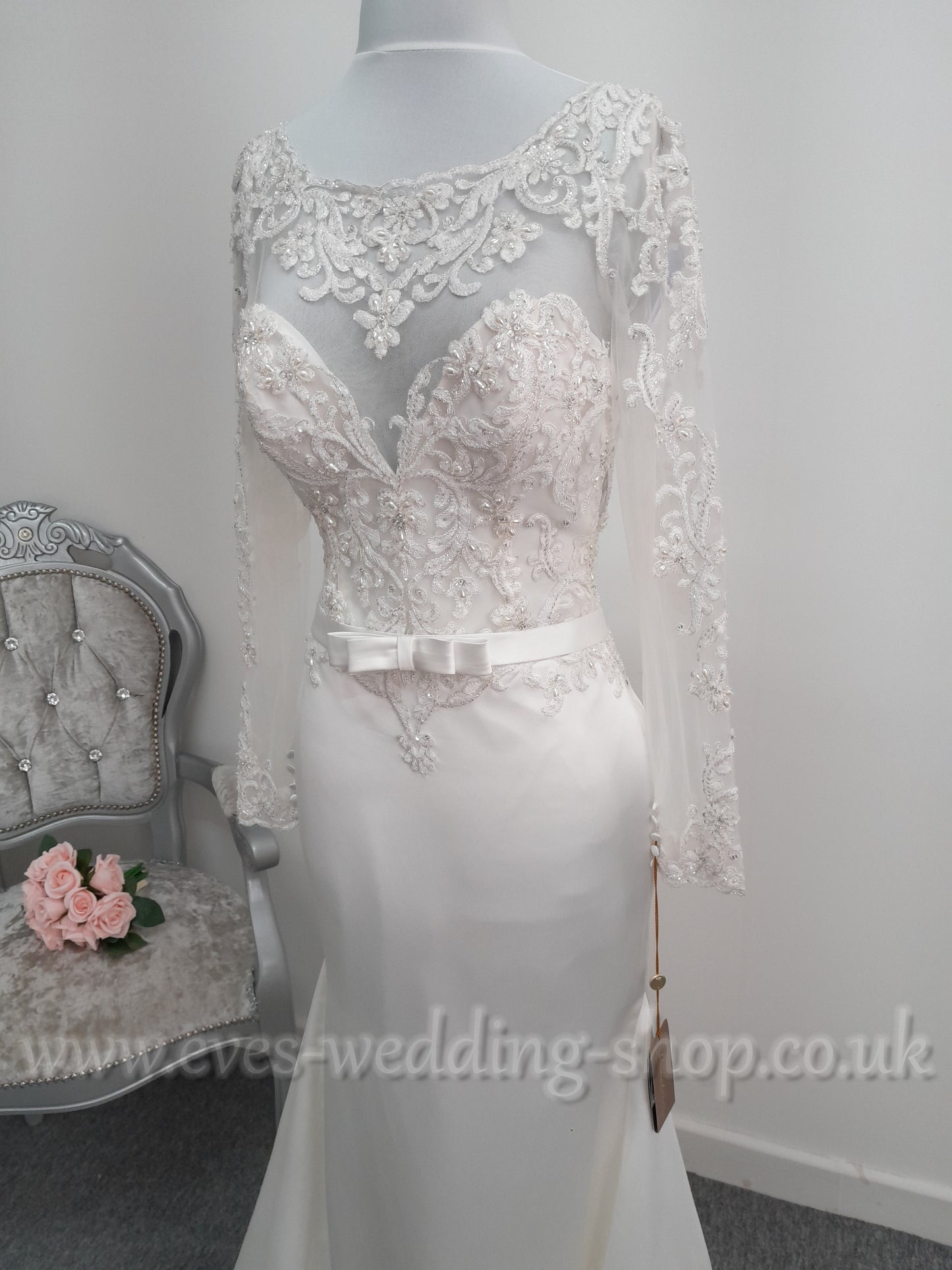 Demetrios ivory satin wedding dress with sleeves UK 8