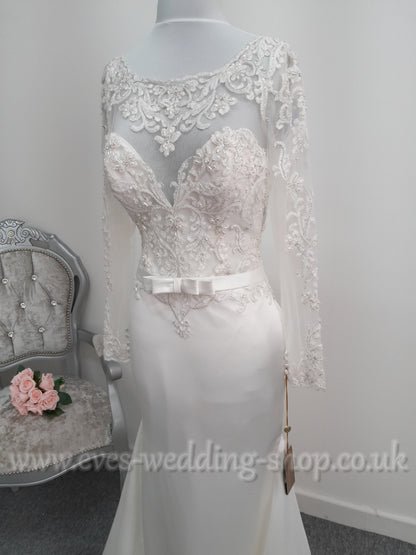 Demetrios ivory satin wedding dress with sleeves UK 8