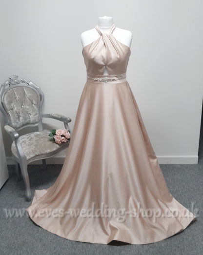 Mon Cheri cross front rose gold satin wedding dress with pockets UK 14