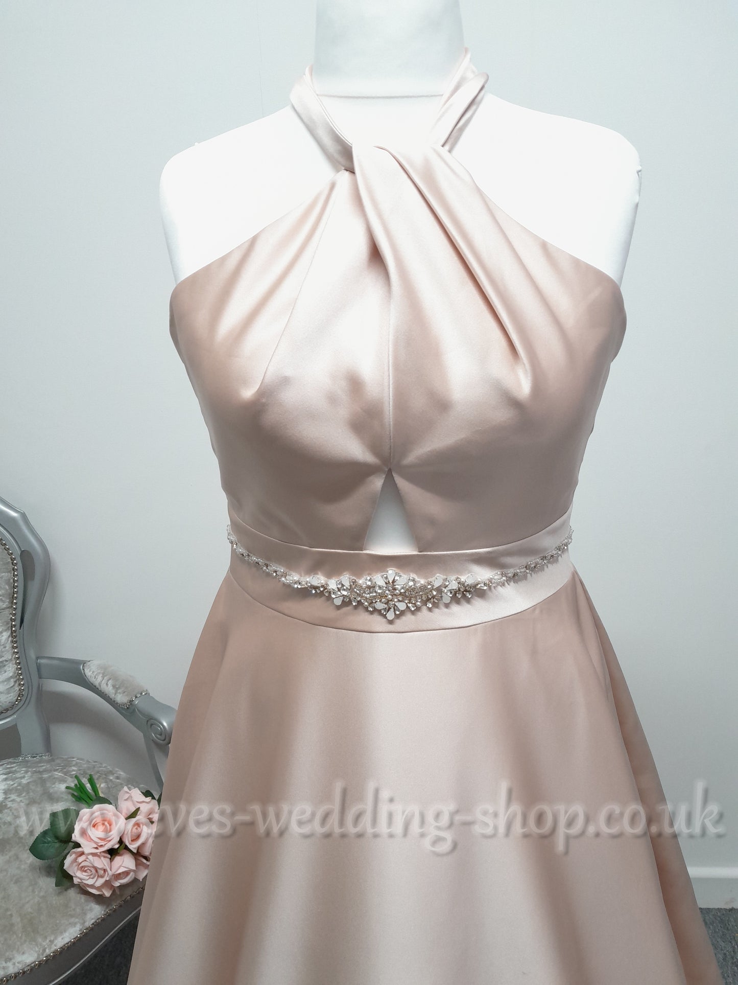 Mon Cheri cross front rose gold satin wedding dress with pockets UK 14