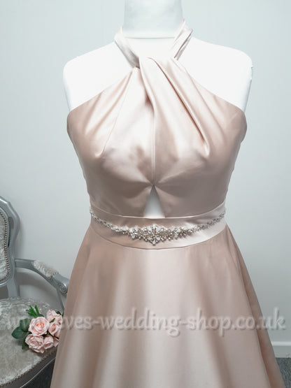 Mon Cheri cross front rose gold satin wedding dress with pockets UK 14