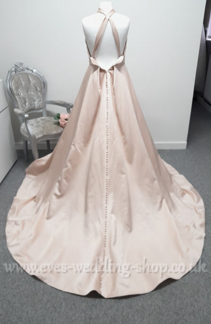 Mon Cheri cross front rose gold satin wedding dress with pockets UK 14