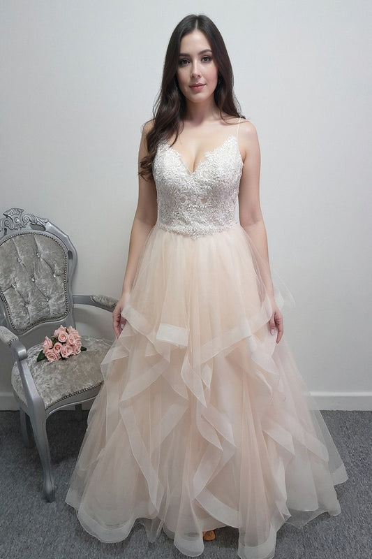 Beautiful bridal pink / ivory  handkerchief style wedding dress UK 16
