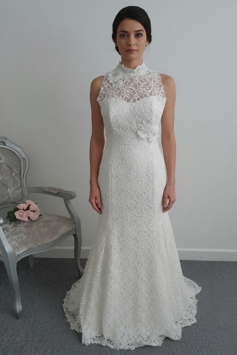 Beautiful high neck Nicola Anne crochet lace wedding dress UK 14