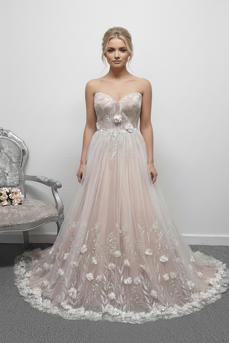 Charlotte Bridal off shoulder ivory mocha glitter 3D flowers wedding dress UK 8