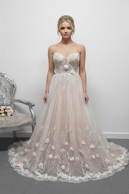 Charlotte Bridal off shoulder ivory mocha glitter 3D flowers wedding dress UK 8