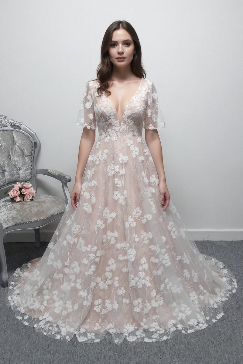 Charlotte Bridal ivory mocha glitter floral wedding dress with sleeves UK 10