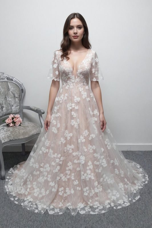 Charlotte Bridal ivory mocha glitter floral wedding dress with sleeves UK 10