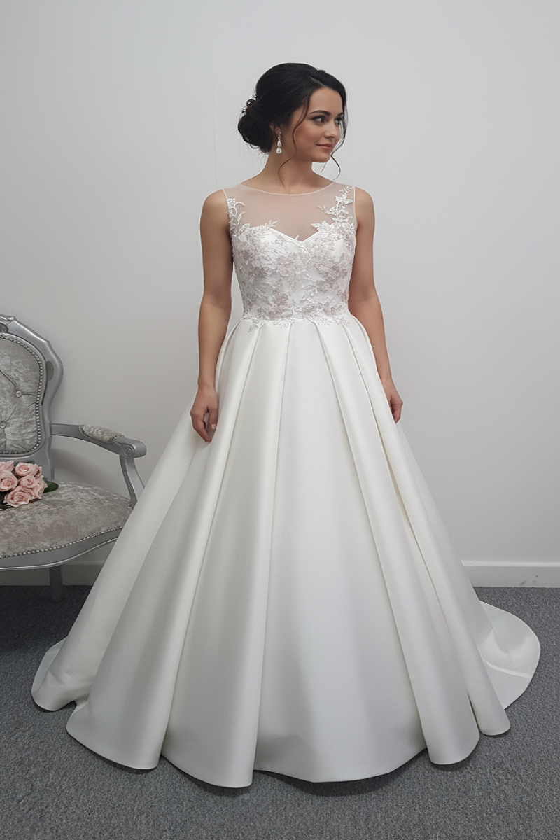 E . Ferrara ivory / floral bodice mikado satin wedding dress UK 12