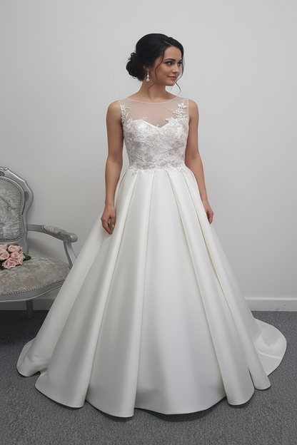 E . Ferrara ivory / floral bodice mikado satin wedding dress UK 12