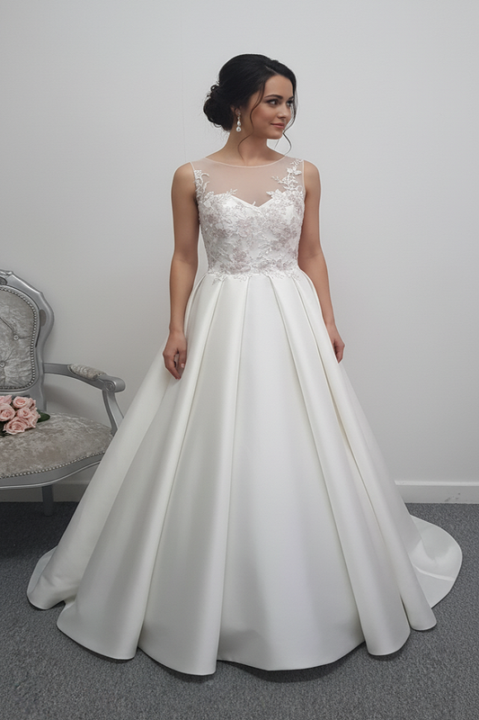 E . Ferrara ivory / floral bodice mikado satin wedding dress UK 12