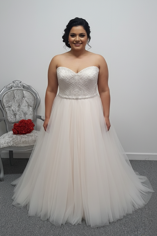 White Rose ivory rum pink tulle wedding dress UK 24
