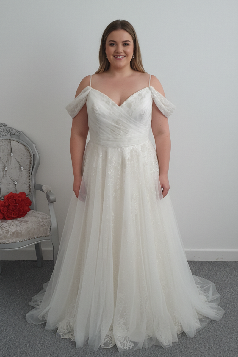 White Rose off shoulder glitter tulle wedding dress UK 20