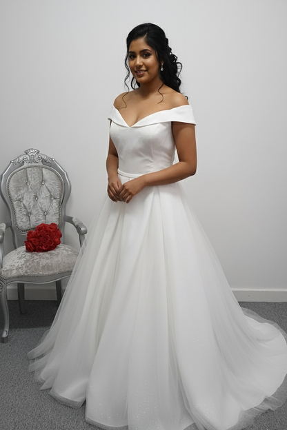 White Rose ivory off shoulder glitter tulle wedding dress UK 30
