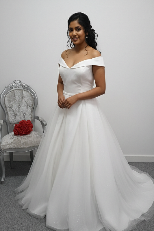 White Rose ivory off shoulder glitter tulle wedding dress UK 30