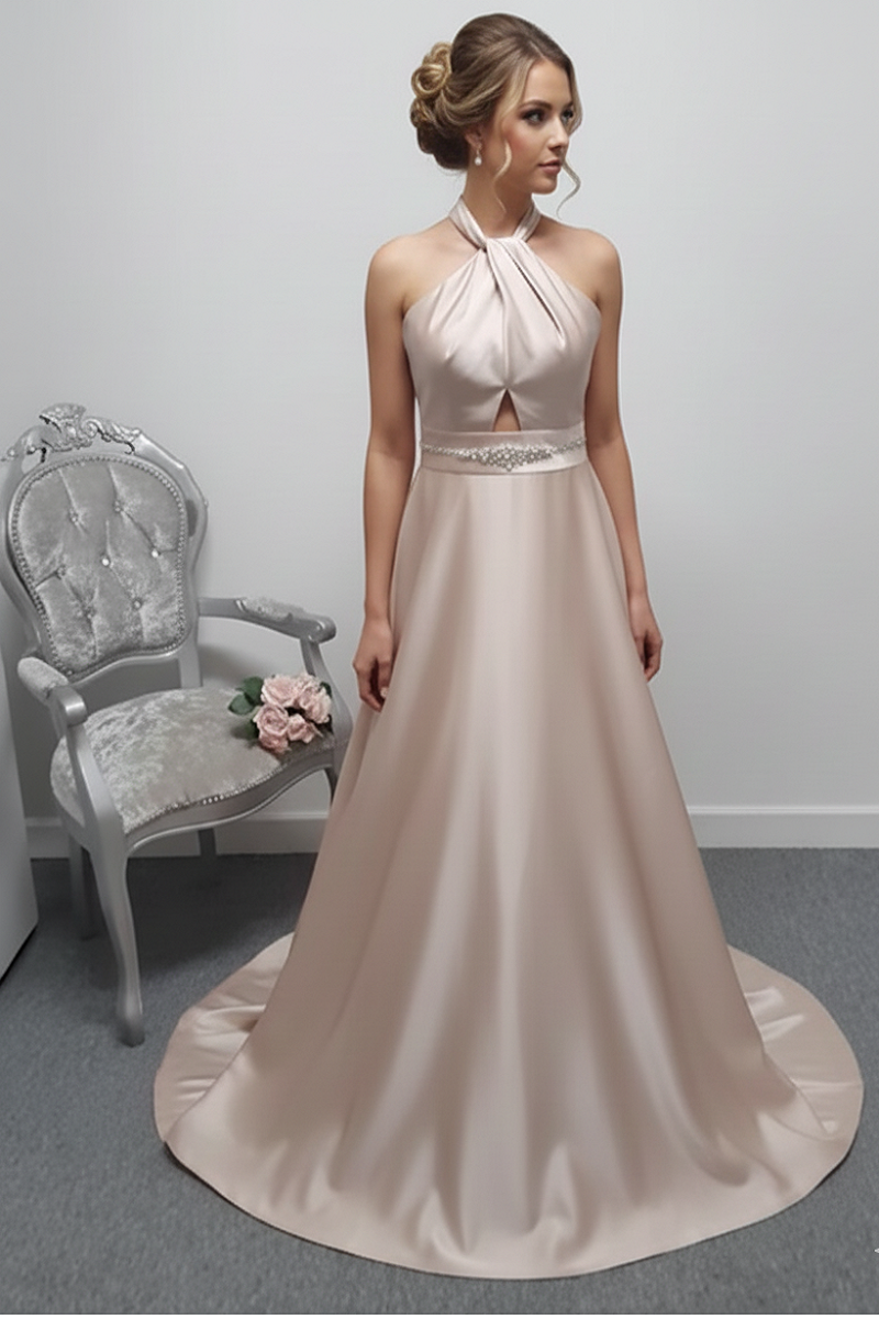 Mon Cheri cross front rose gold satin wedding dress with pockets UK 14