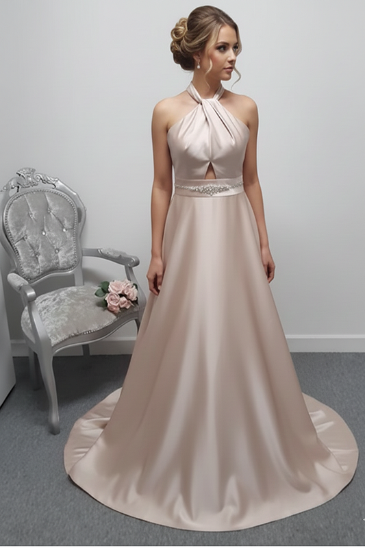 Mon Cheri cross front rose gold satin wedding dress with pockets UK 14