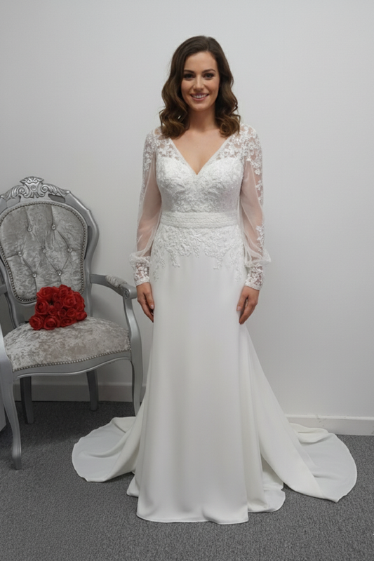 Rebecca Ingram crepe  ivory wedding dress with sleeves UK 16