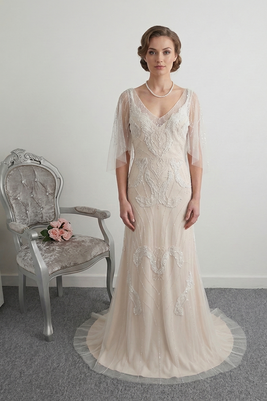 Ellis bridal 18084 ivory almond wedding dress with removable cape UK 14
