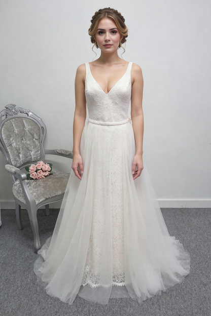 Enzoani  BT18-22 V-Neck fitted ivory/nude wedding dress with overskirt UK 14