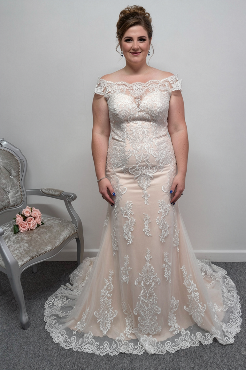 Ladybird 421056 sparkly ivory nude off shoulder wedding dress UK 18