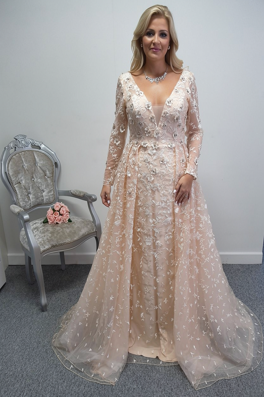White one ''Olias'' pink wedding dress with sleeves UK 14