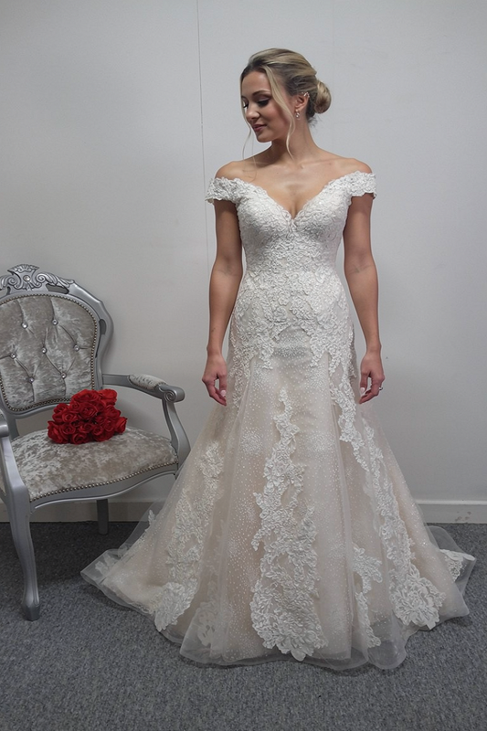 Maggie Sottero warm ivory off shoulder wedding dress UK 12