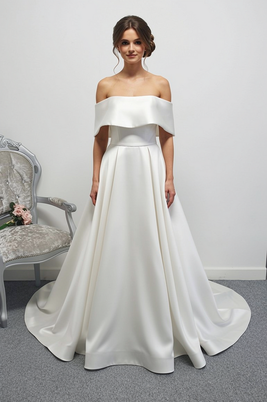LJ mikado satin bardot wedding dress with pockets UK 10
