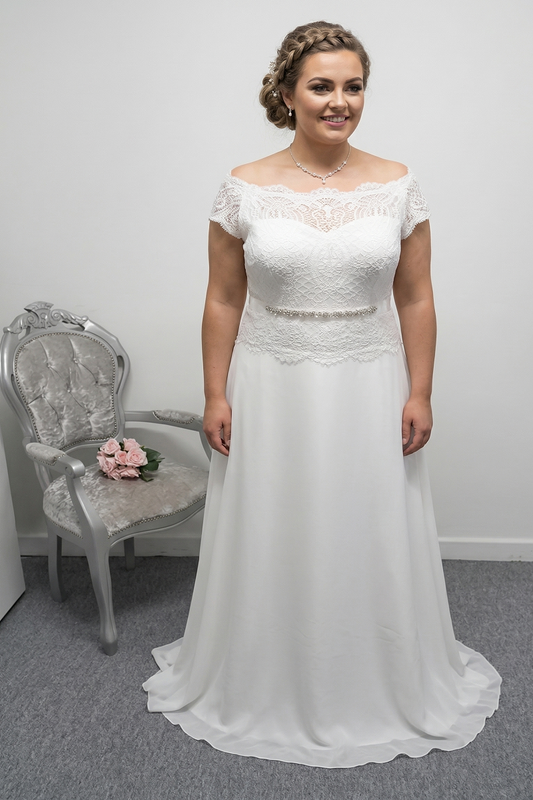 Bianco Evento ''Paloma'' ivory off shoulder wedding dress EU 52, UK 22-24