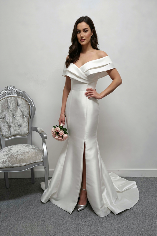 LJ mikado satin off shoulder wedding dress UK 10