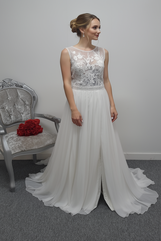 Romantica ivory chiffon wedding dress with slit UK 14