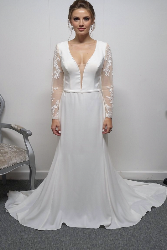 LJ ivory crepe wedding dress with long sleeves UK 10