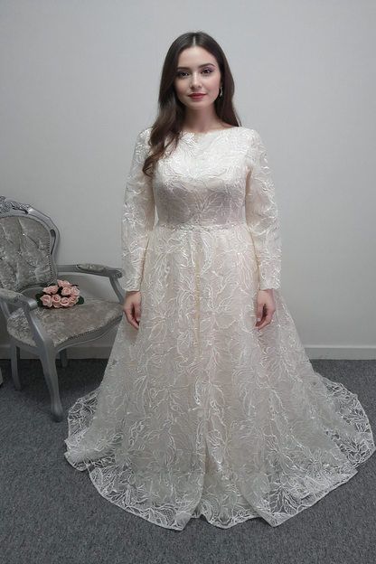 Lou Lou bridal  warm ivory leaf embroidery wedding dress with sleeves UK 16