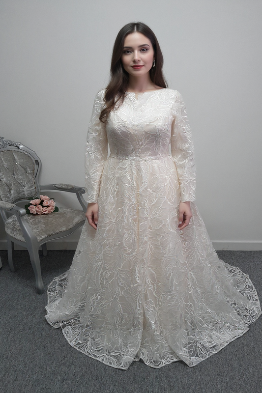 Lou Lou bridal  warm ivory leaf embroidery wedding dress with sleeves UK 16