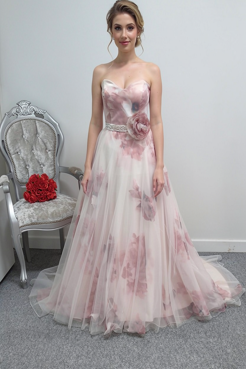 Veromia ivory/pink floral wedding dress UK 12