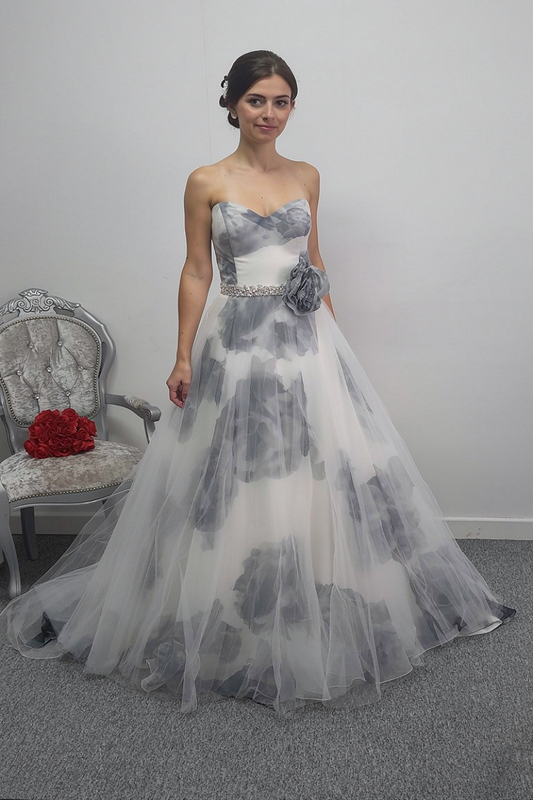 Veromia ivory / grey floral wedding dress UK 12
