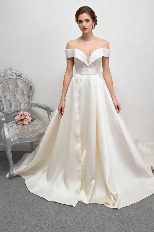 Georgia bridal off shoulder warm ivory wedding dress with front slit UK 10