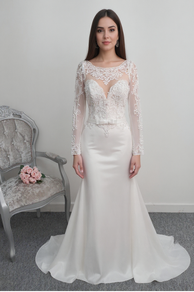 Demetrios ivory satin wedding dress with sleeves UK 8