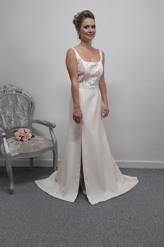 Beautiful ivory crepe wedding dress with straps and slit UK 12