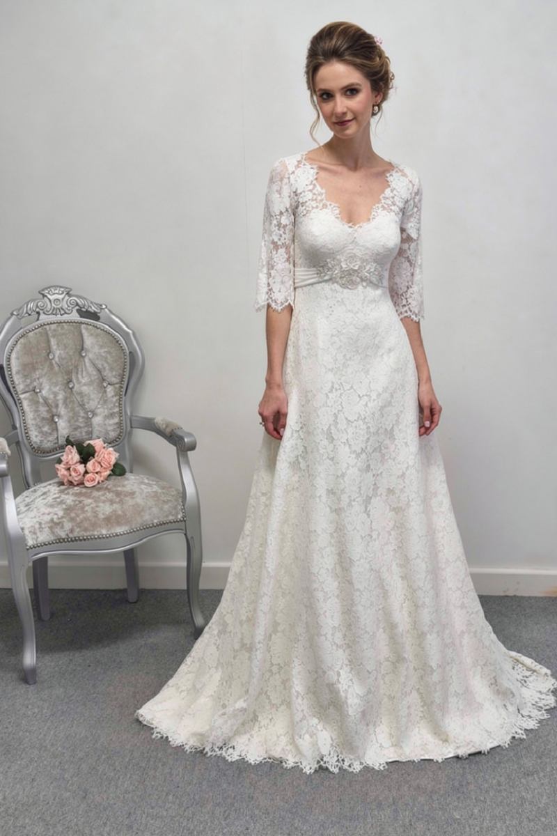 Millie May ivory lace wedding dress with sleeves UK 14