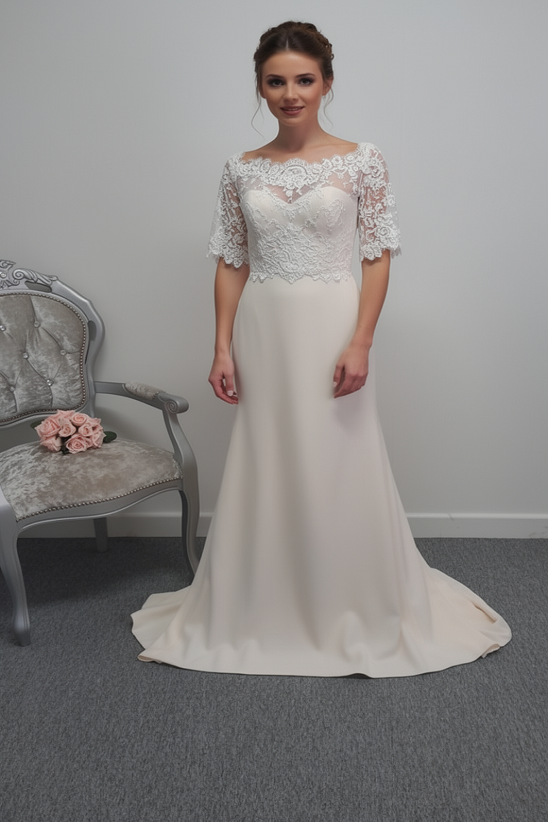 Ivory / warm ivory E. Ferrara crepe wedding dress with sleeves UK 12