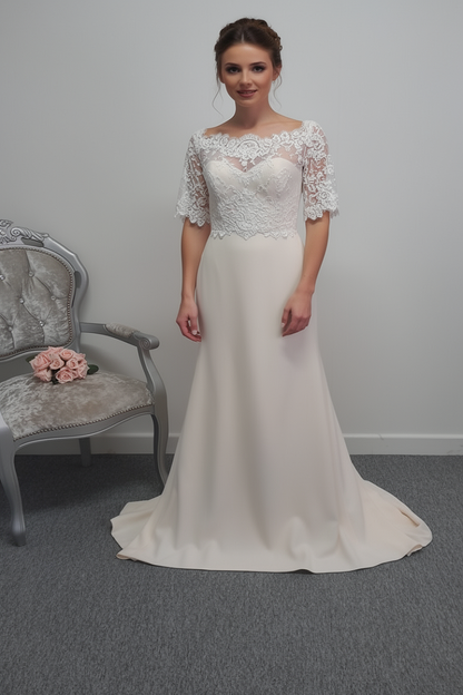 Ivory / warm ivory E. Ferrara crepe wedding dress with sleeves UK 12