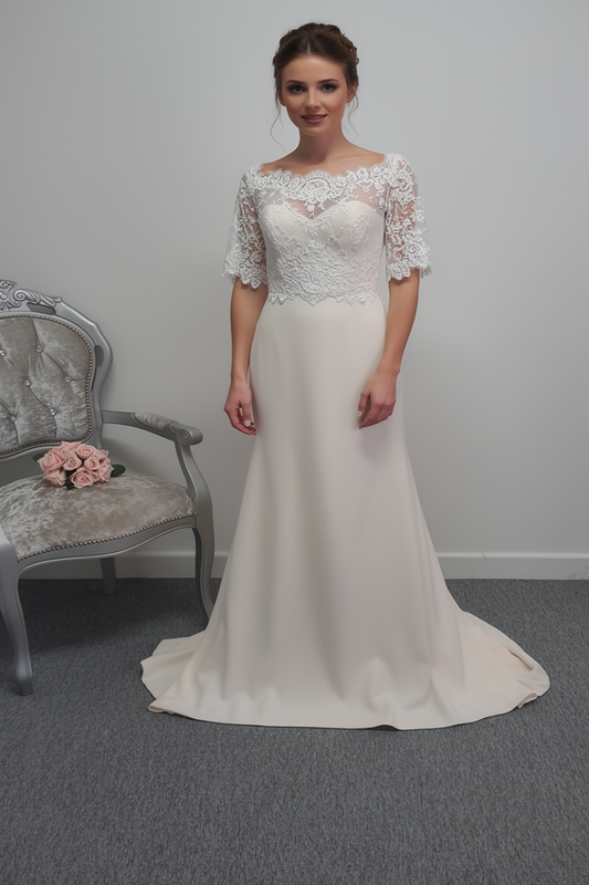 Ivory / warm ivory E. Ferrara crepe wedding dress with sleeves UK 12